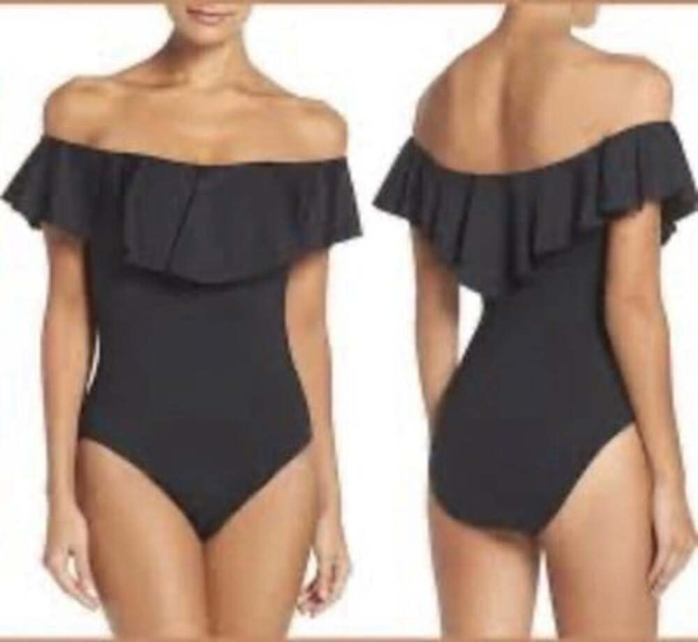 Trina Turk Off The Shoulder One Piece Swimsuit: Black size 10 ruffle